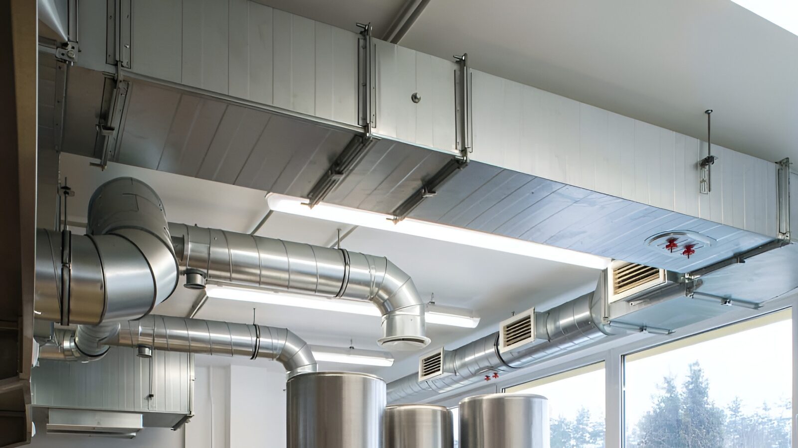 Installed air conditioning ductwork running along a ceiling