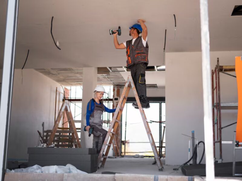 Two technicians fitting out a ceiling during a maintenance project