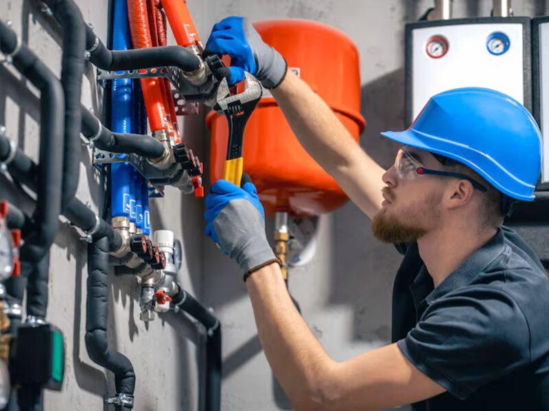 A plumber checking pipework with a wrench